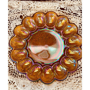 Vintage Indiana Glass Marigold Carnival Hobnail Iridescent Deviled Egg Tray